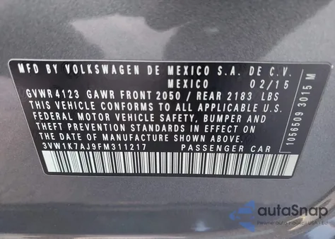 2015 Volkswagen Jetta 2.0L S from USA, damaged, VIN 3VW1K7AJ9FM311217